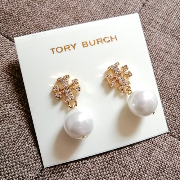 Tory Burch Jewelry - Logo Pearl Gold Clear Crystal Drop Earrings by Tory Burch